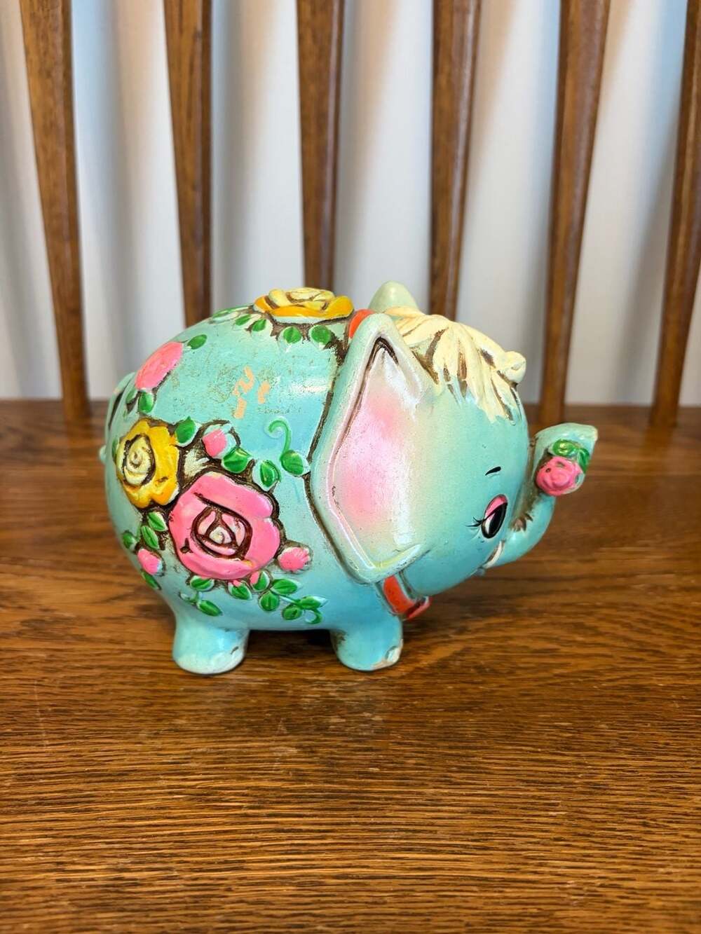 Holiday Fair Elephant Coin Bank Turquoise Floral Vintage 1968 Japan